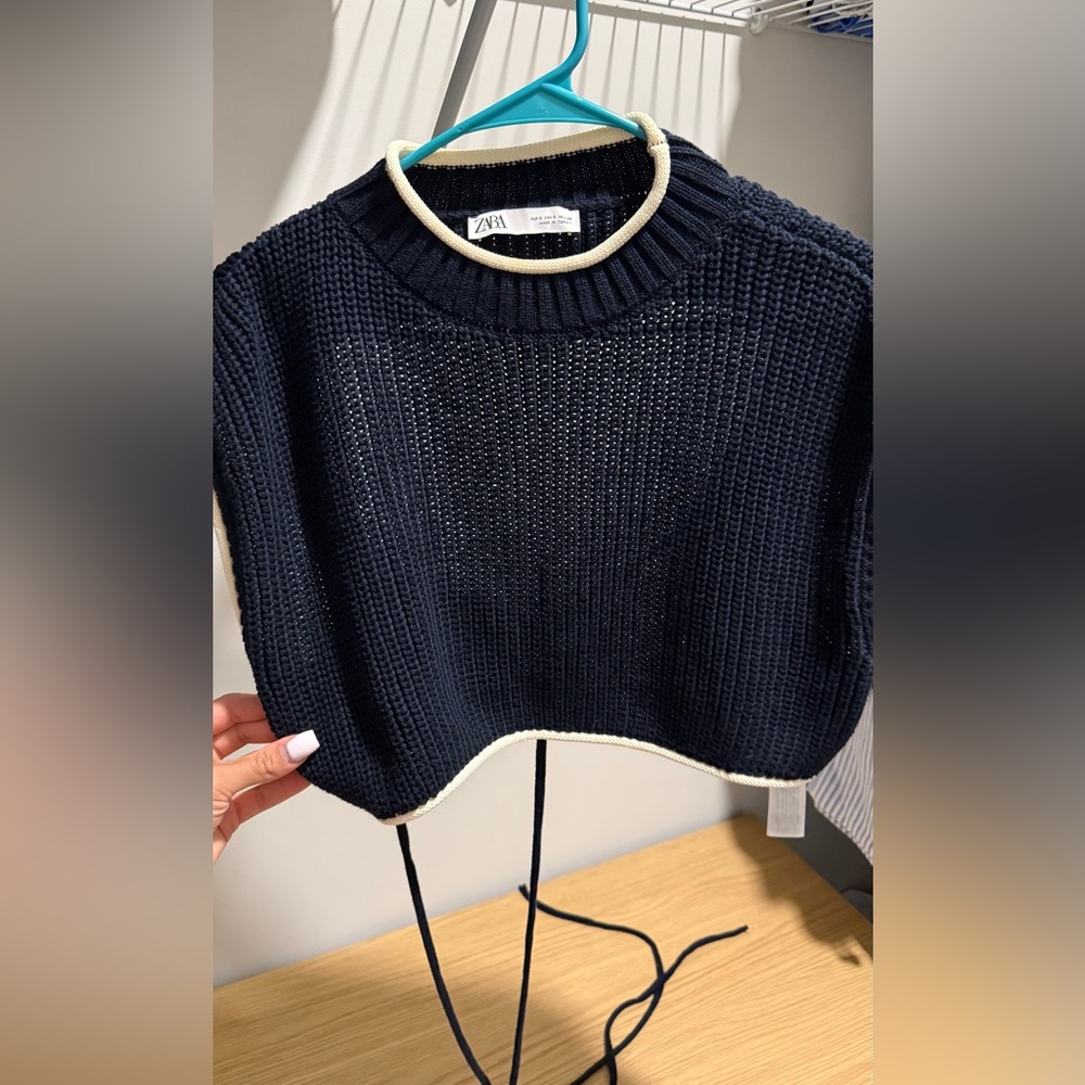 Zara Blue Shrug with Textured Knit and Sporty Stripes